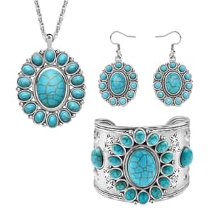Blue Howlite Floral Cuff Bracelet (7.50-8.50 In), Earrings and Pendant Necklace 26-30 Inches in Silvertone 71.00 ctw