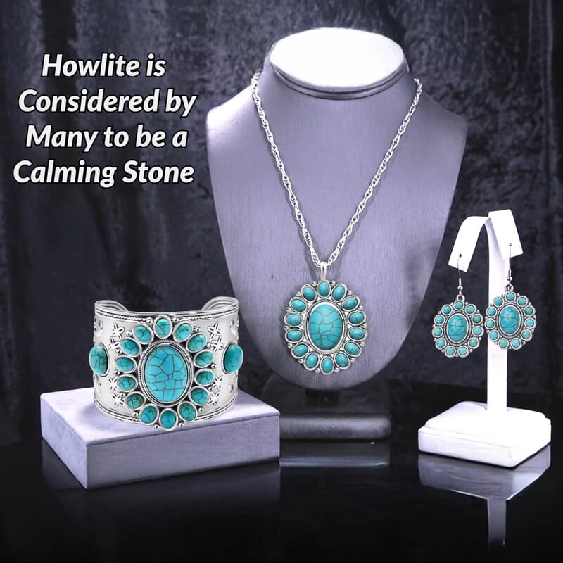Constituted Blue Howlite 139.00 ctw Floral Cuff Bracelet (7.50-8.50 In), Earrings and Pendant Necklace 26-30 Inches in Silvertone