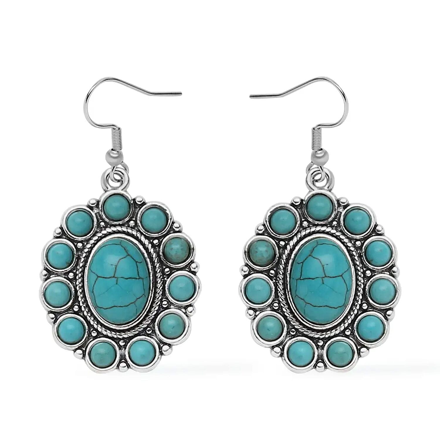 Constituted Blue Howlite 139.00 ctw Floral Cuff Bracelet (7.50-8.50 In), Earrings and Pendant Necklace 26-30 Inches in Silvertone