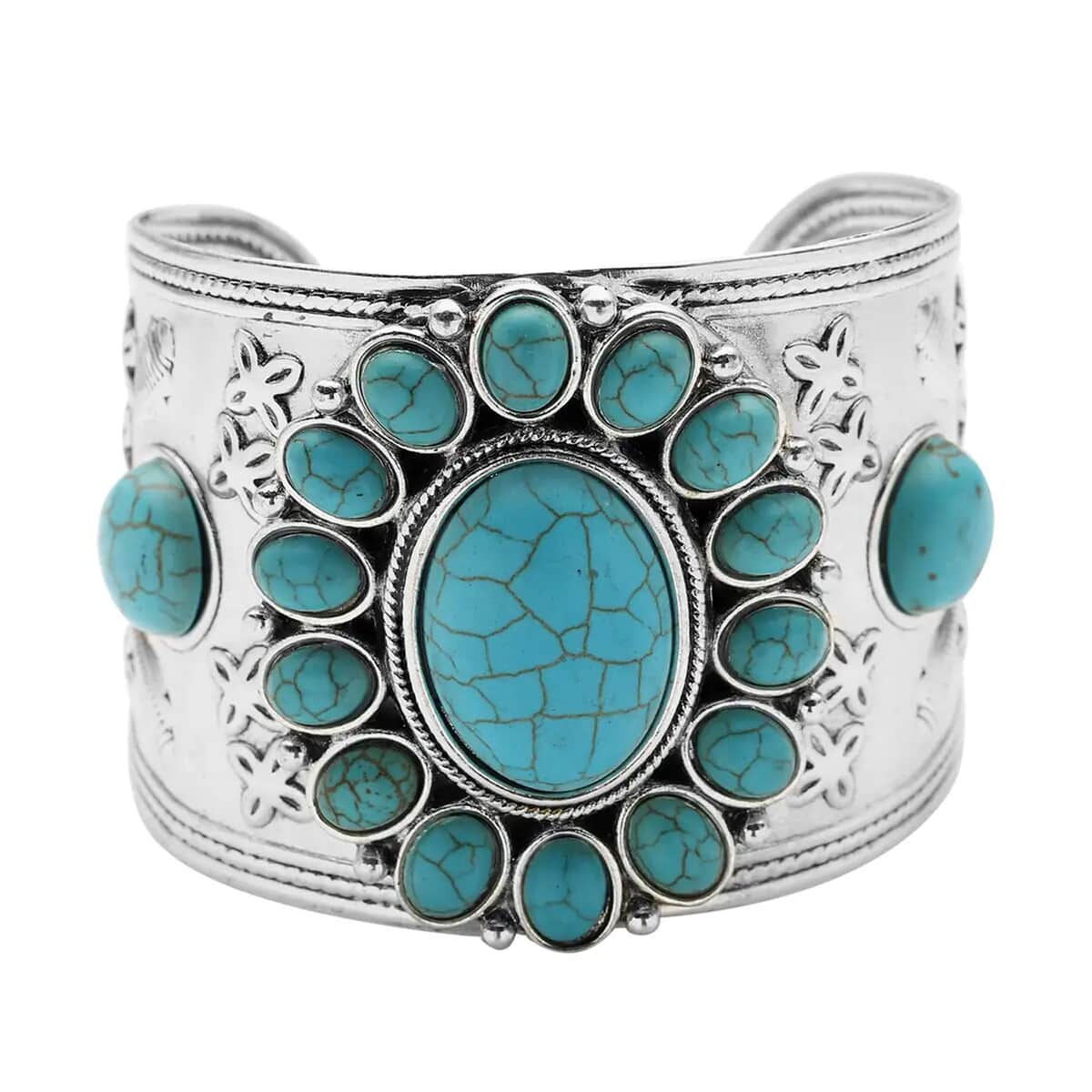 Blue Howlite Gemstone 139.00 ctw Floral Cuff Bracelet 7.50-8.50 Inch, Earrings and Pendant Necklace in Silvertone 26-30 Inches image number 8