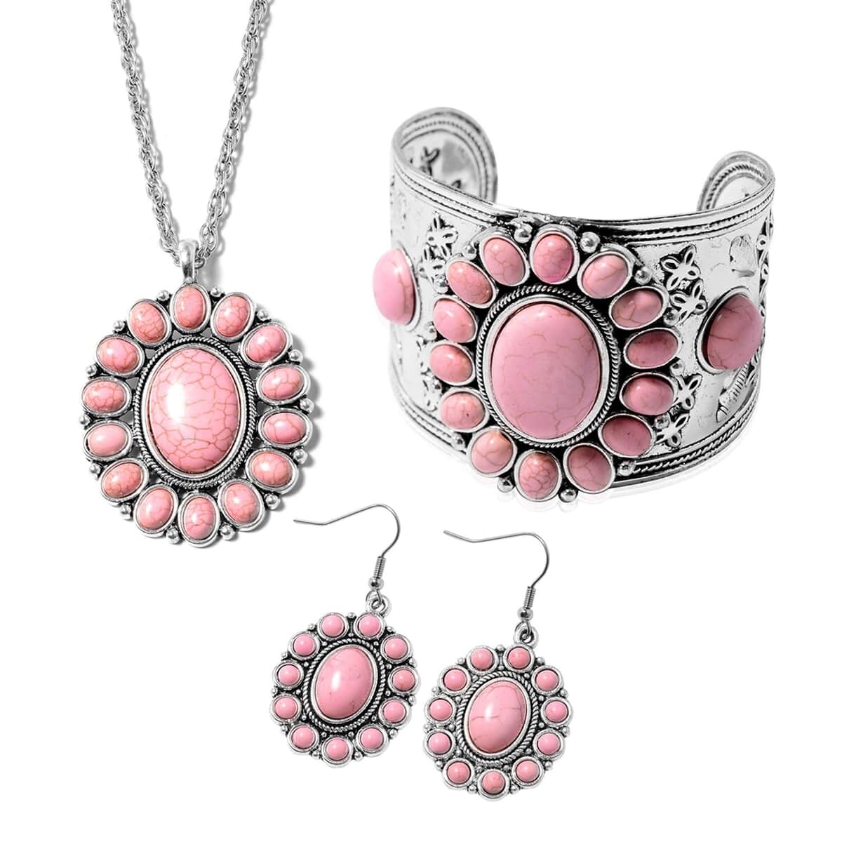 Pink Howlite Floral Cuff Bracelet Dangle Earrings Flower Pendant Necklace in Silvertone Stainless Steel, Flower Jewelry For Women (7.50-8.50 In) (26-30 Inches) 71.00 ctw image number 0