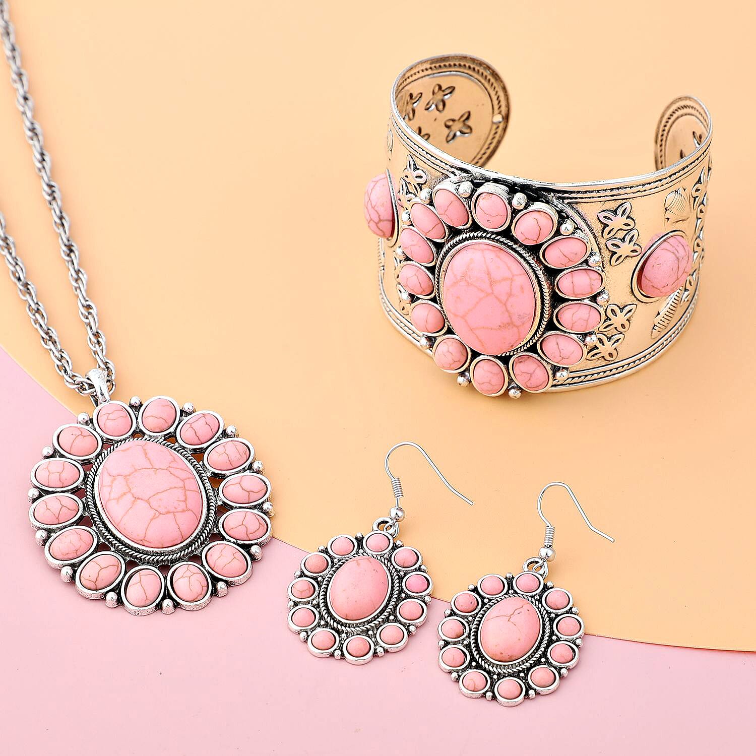Blue Howlite Floral Cuff Bracelet (7.50-8.50 In), Earrings and Pendant Necklace 26-30 Inches in Silvertone 71.00 ctw