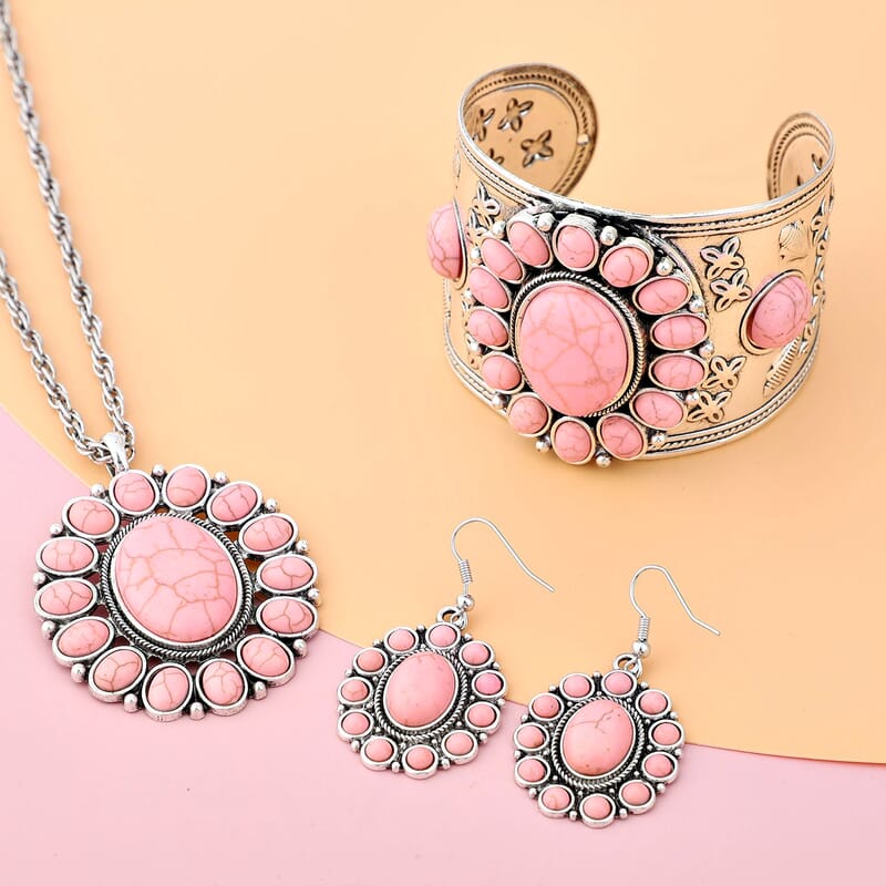 Constituted Pink Howlite 139.00 ctw Floral Cuff Bracelet (7.50-8.50 In), Earrings and Pendant Necklace 26-30 Inches in Silvertone
