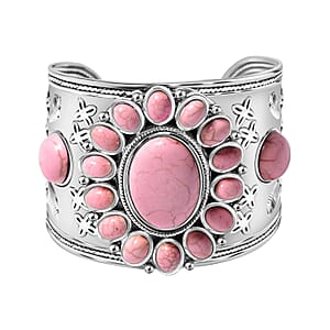 Constituted Pink Howlite 139.00 ctw Floral Cuff Bracelet (7.50-8.50 In), Earrings and Pendant Necklace 26-30 Inches in Silvertone 