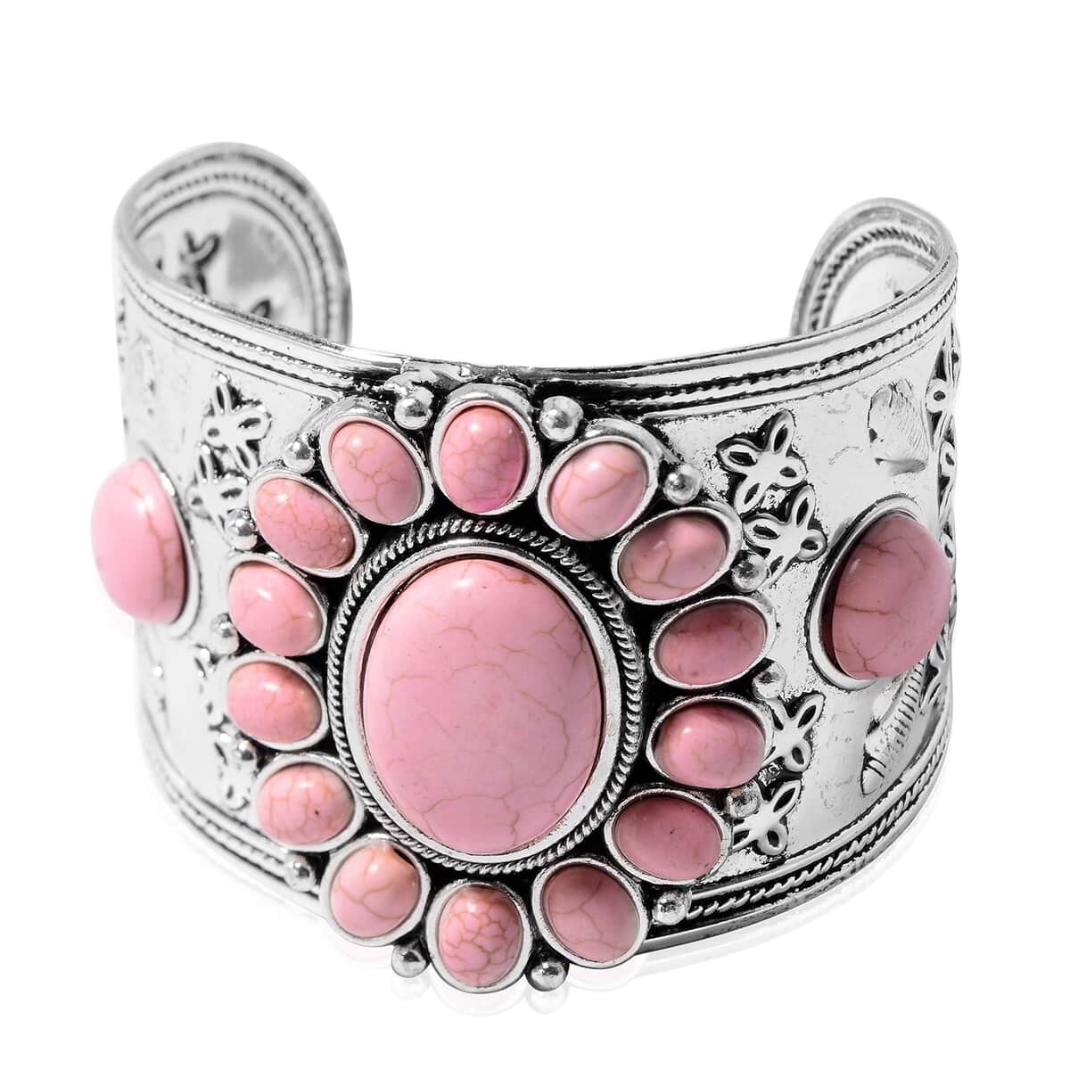 Pink Howlite Floral Cuff Bracelet Dangle Earrings Flower Pendant Necklace in Silvertone Stainless Steel, Flower Jewelry For Women (7.50-8.50 In) (26-30 Inches) 71.00 ctw image number 2