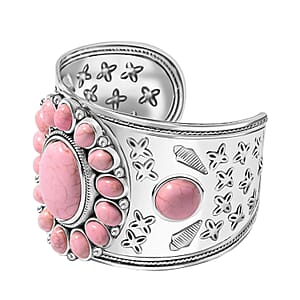 Constituted Pink Howlite 139.00 ctw Floral Cuff Bracelet (7.50-8.50 In), Earrings and Pendant Necklace 26-30 Inches in Silvertone 
