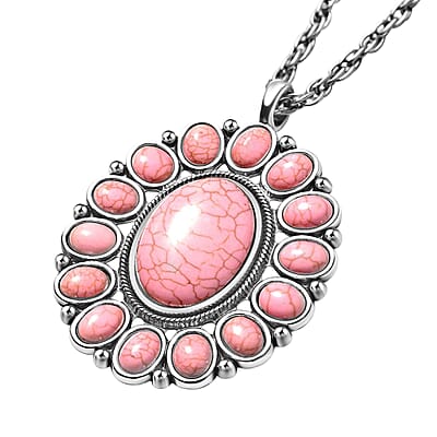 Constituted Pink Howlite 139.00 ctw Floral Cuff Bracelet (7.50-8.50 In), Earrings and Pendant Necklace 26-30 Inches in Silvertone 