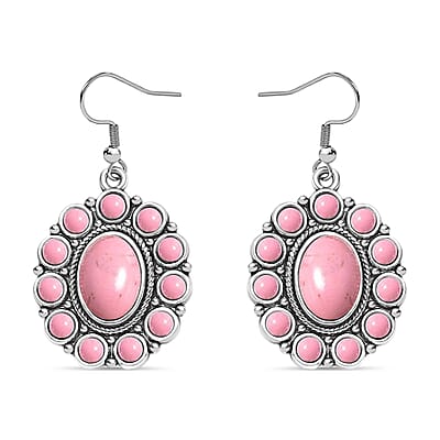 Constituted Pink Howlite 139.00 ctw Floral Cuff Bracelet (7.50-8.50 In), Earrings and Pendant Necklace 26-30 Inches in Silvertone 