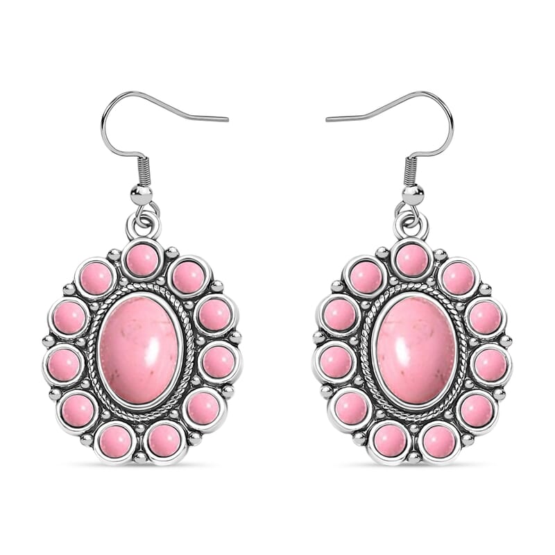 Constituted Pink Howlite 139.00 ctw Floral Cuff Bracelet (7.50-8.50 In), Earrings and Pendant Necklace 26-30 Inches in Silvertone