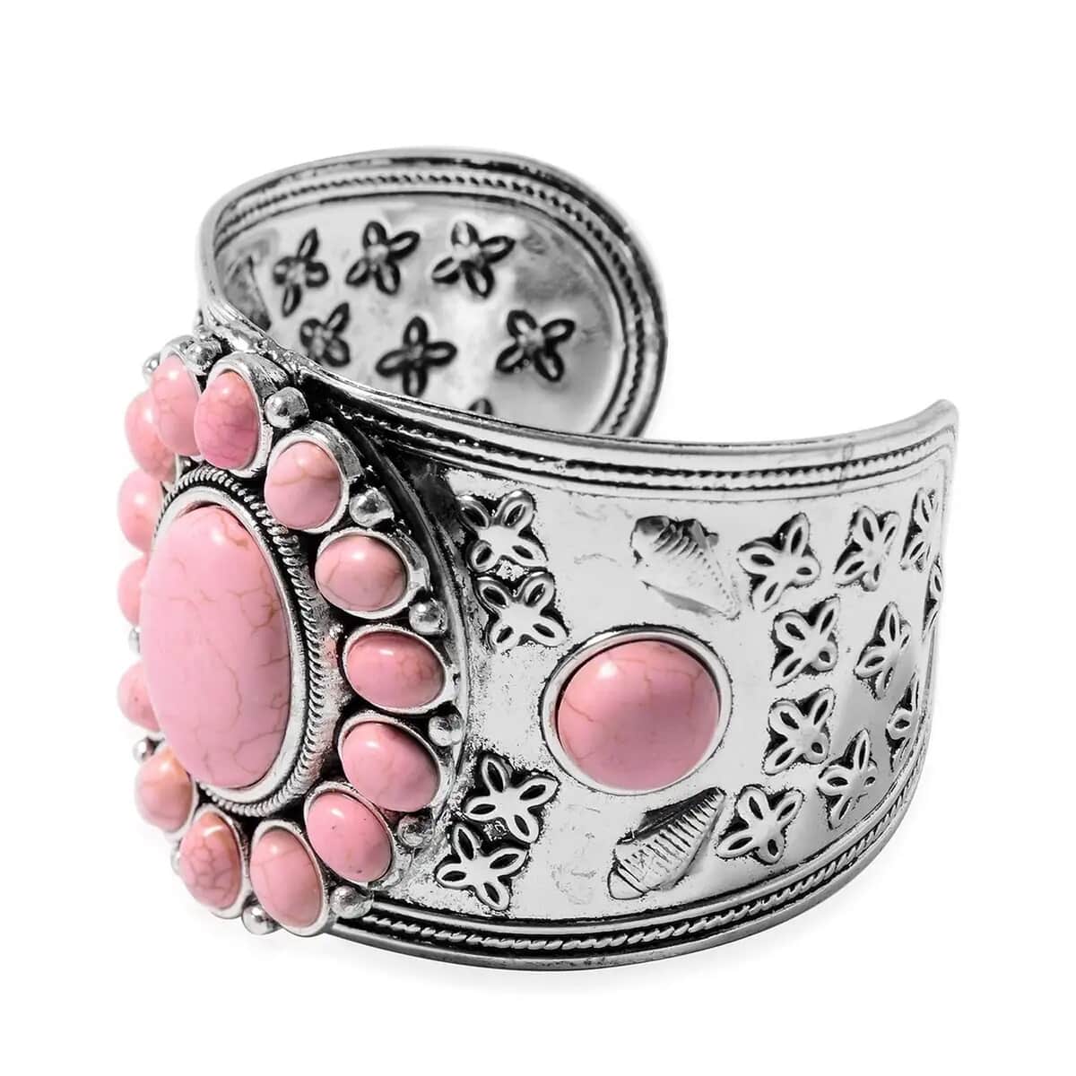 Pink Howlite Gemstone Floral Cuff Bracelet 7.50-8.50 Inch, Earrings and Pendant Necklace 26-30 Inches in Silvertone 139.00 ctw image number 8