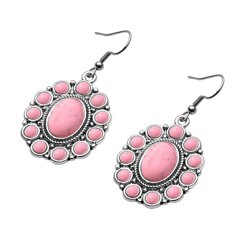 Constituted Pink Howlite 139.00 ctw Floral Cuff Bracelet (7.50-8.50 In), Earrings and Pendant Necklace 26-30 Inches in Silvertone