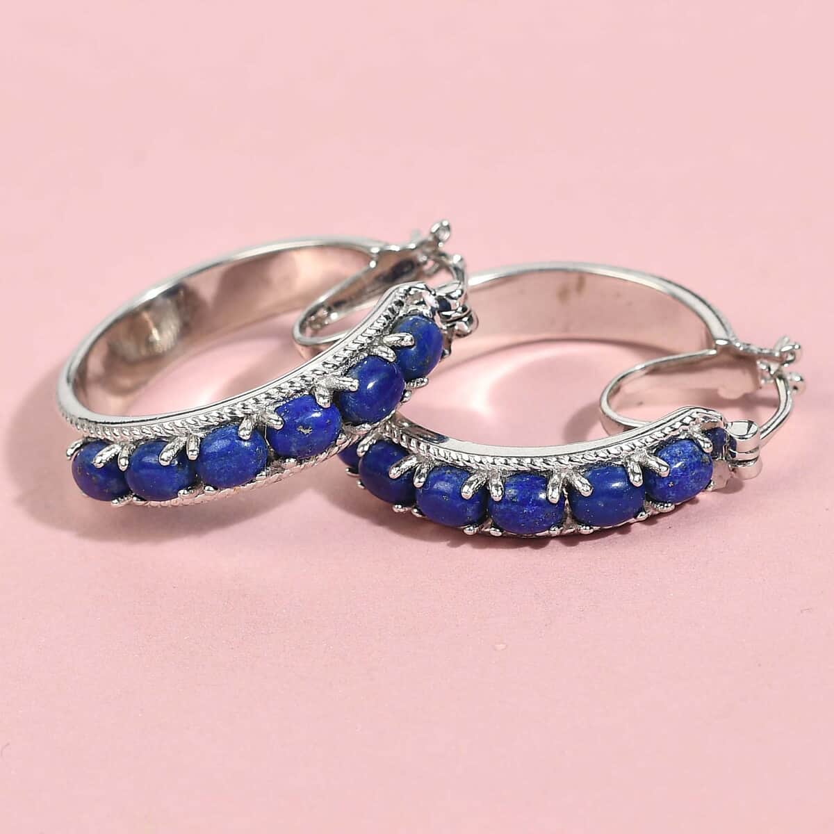 Karis Lapis Lazuli Earrings in Platinum Bond, Durable Hoops, Blue Hoops 6.00 ctw image number 1