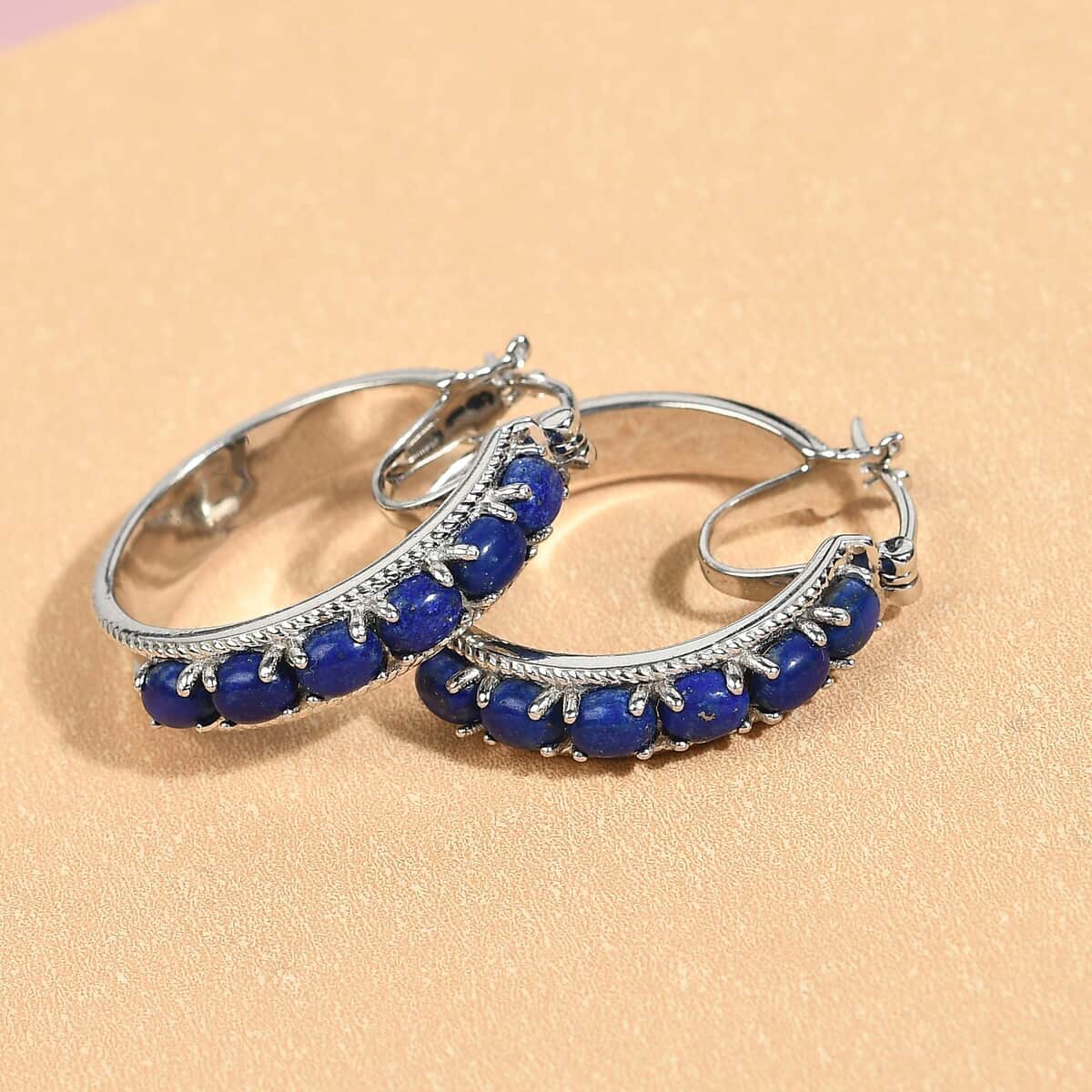 Karis Lapis Lazuli Earrings in Platinum Bond, Durable Hoops, Blue Hoops 6.00 ctw image number 2