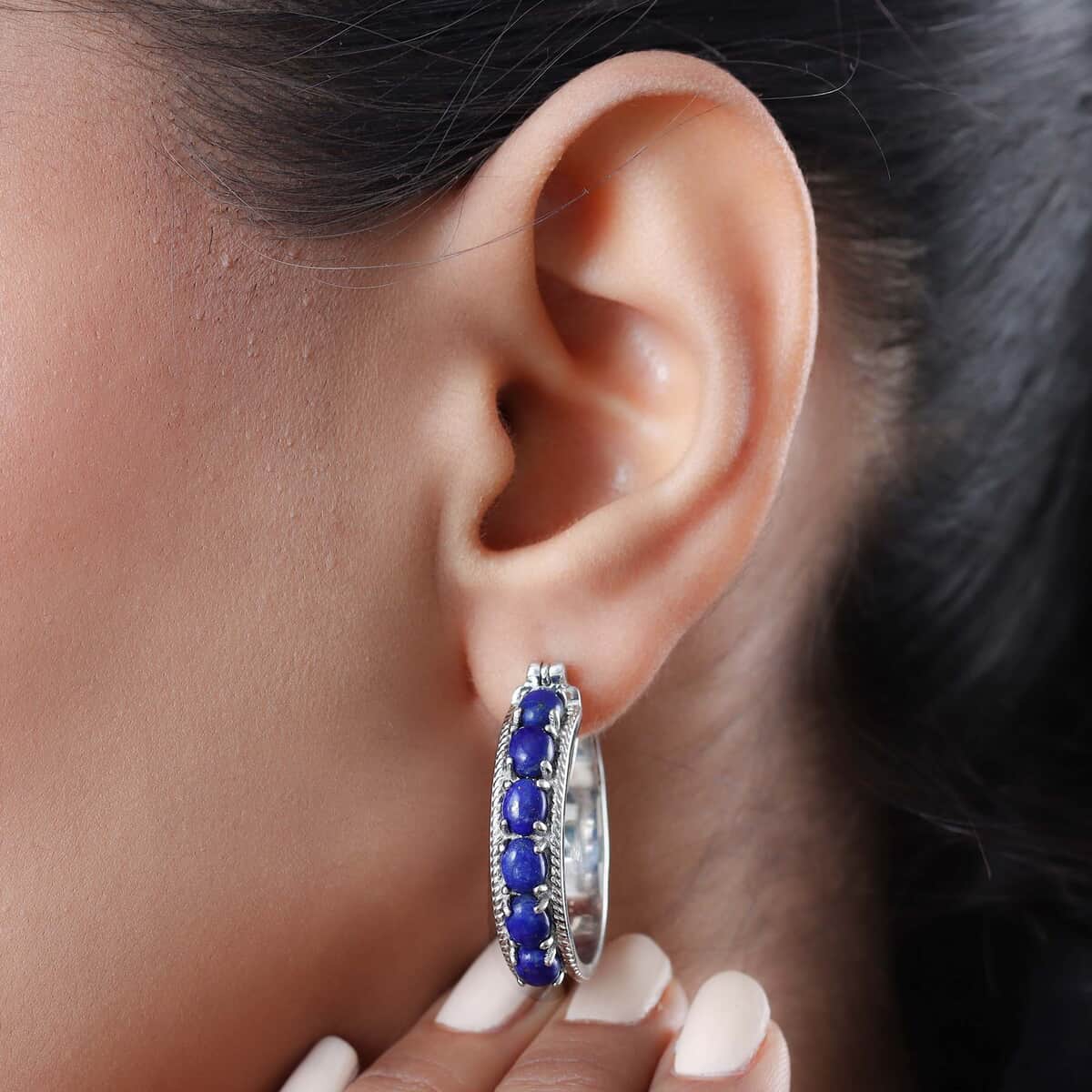Karis Lapis Lazuli Earrings in Platinum Bond, Durable Hoops, Blue Hoops 6.00 ctw image number 4