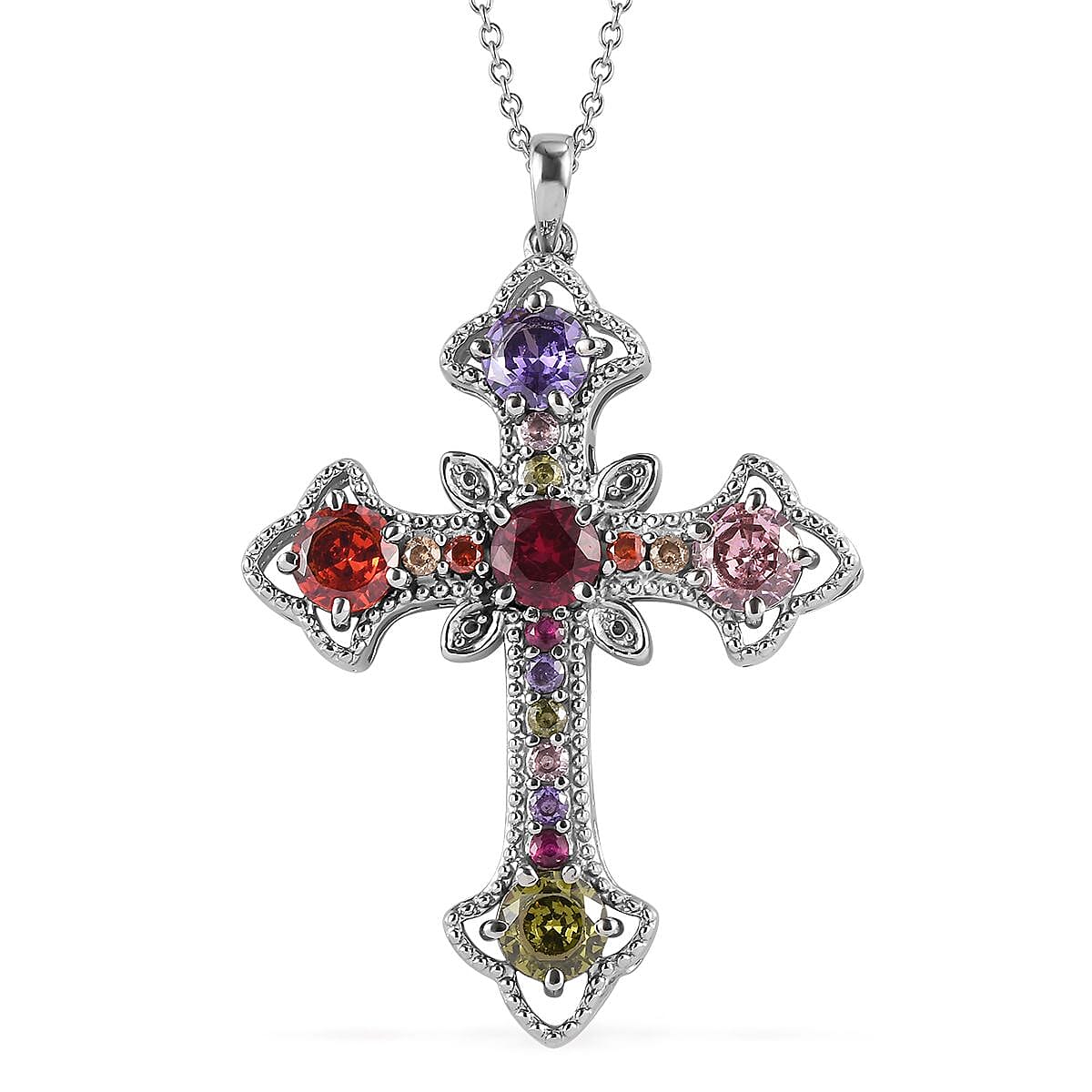 Simulated Multi Color Diamond Necklace in Stainless Steel, Cross Pendant 20 Inches image number 0