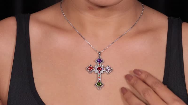 Simulated Multi Color Diamond Cross Pendant Necklace 20 Inches in Stainless Steel