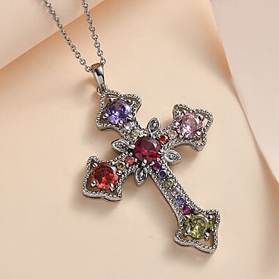 EverTrue Simulated Multi Color Diamond Necklace in Stainless Steel, Cross Pendant 20 Inches