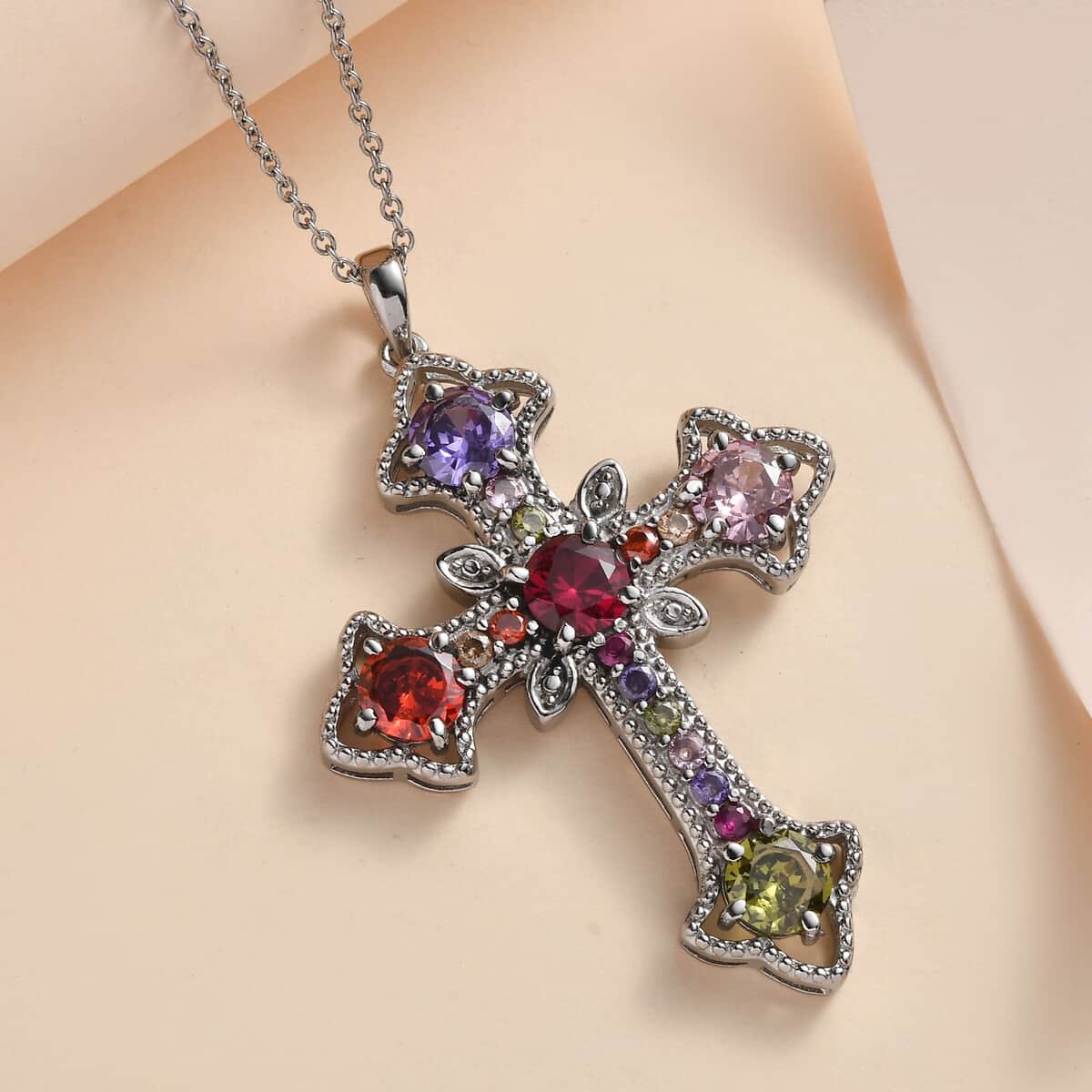 Simulated Multi Color Diamond Necklace in Stainless Steel, Cross Pendant 11.30 ctw (20 Inches) image number 1