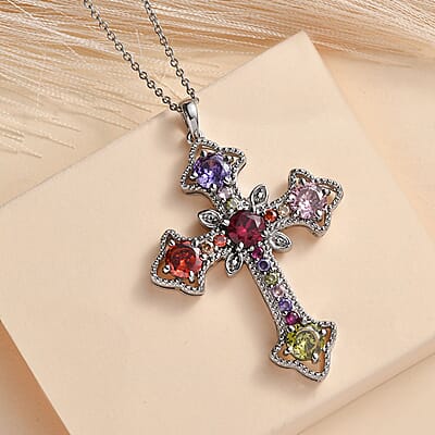 EverTrue Simulated Multi Color Diamond Necklace in Stainless Steel, Cross Pendant 20 Inches