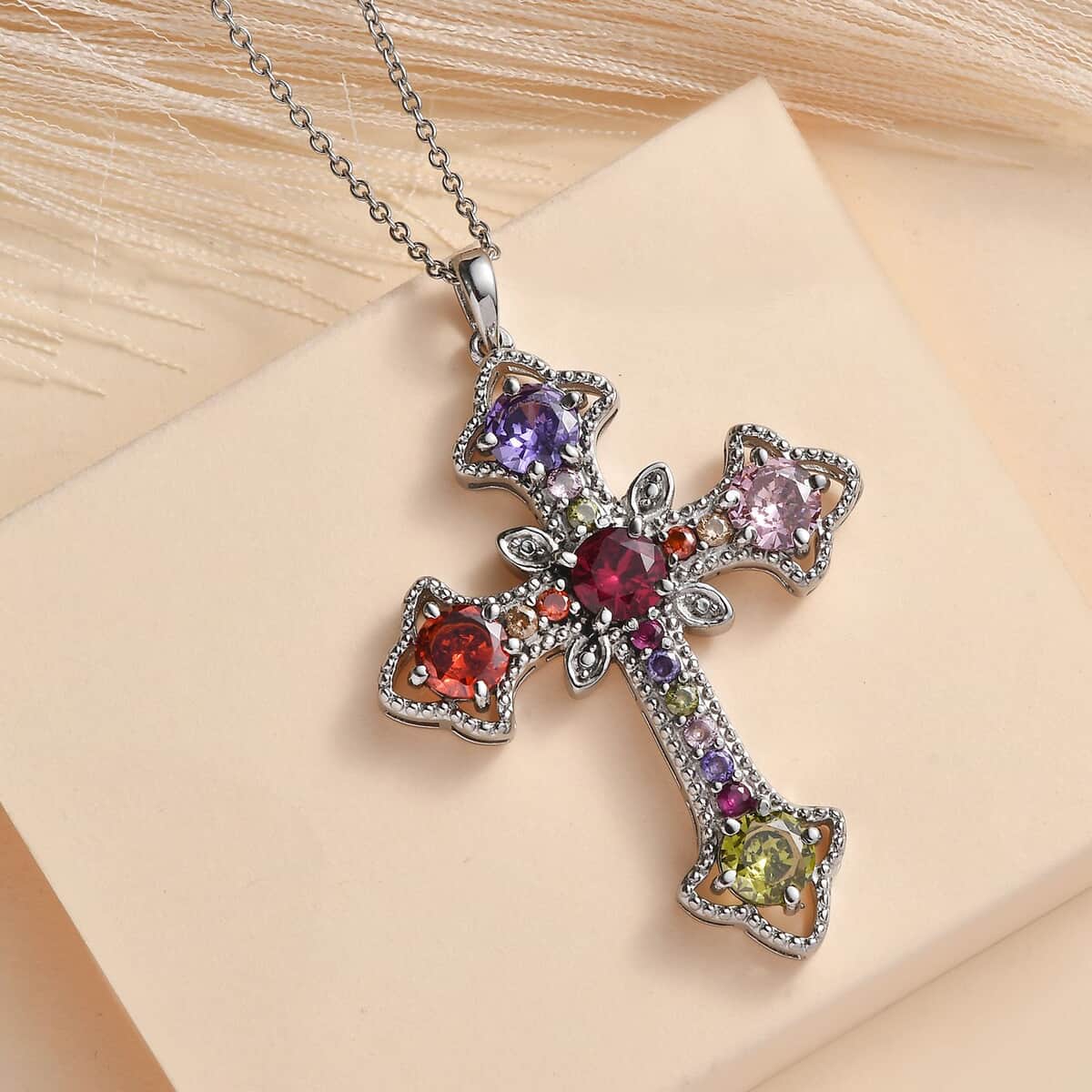 Simulated Multi Color Diamond Necklace in Stainless Steel, Cross Pendant 11.30 ctw (20 Inches) image number 2