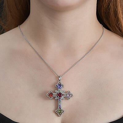 EverTrue Simulated Multi Color Diamond Necklace in Stainless Steel, Cross Pendant 20 Inches