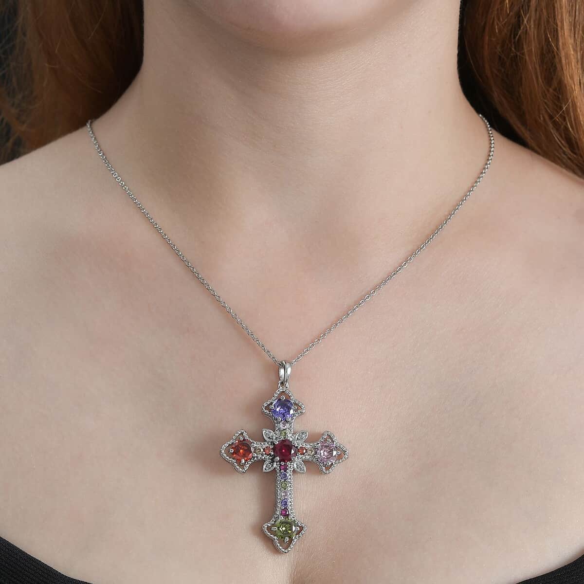 Simulated Multi Color Diamond Necklace in Stainless Steel, Cross Pendant 11.30 ctw (20 Inches) image number 3