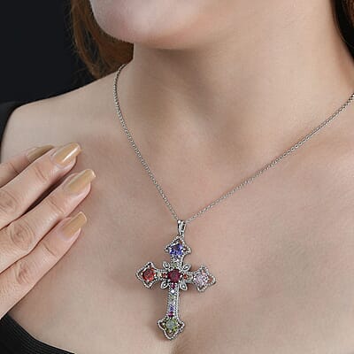 EverTrue Simulated Multi Color Diamond Necklace in Stainless Steel, Cross Pendant 20 Inches