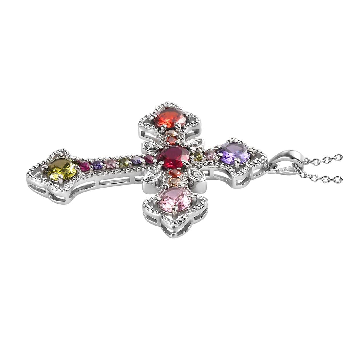Simulated Multi Color Diamond Necklace in Stainless Steel, Cross Pendant 12.35 ctw (20 Inches) image number 5
