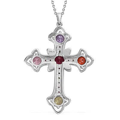 EverTrue Simulated Multi Color Diamond Necklace in Stainless Steel, Cross Pendant 20 Inches