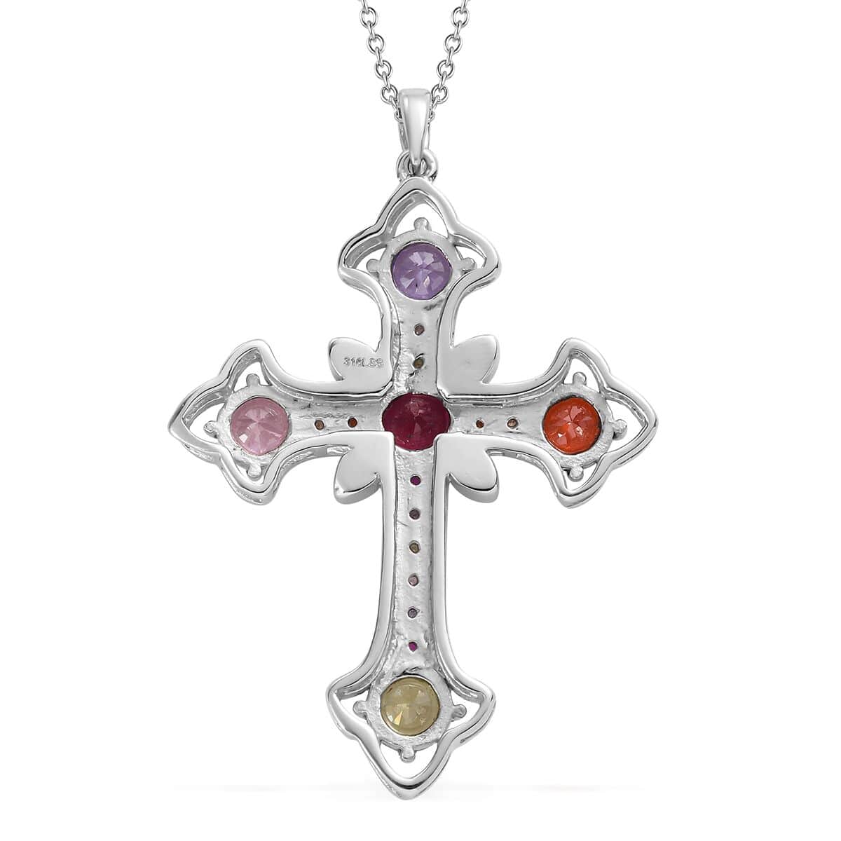 Simulated Multi Color Diamond Necklace in Stainless Steel, Cross Pendant 12.35 ctw (20 Inches) image number 6