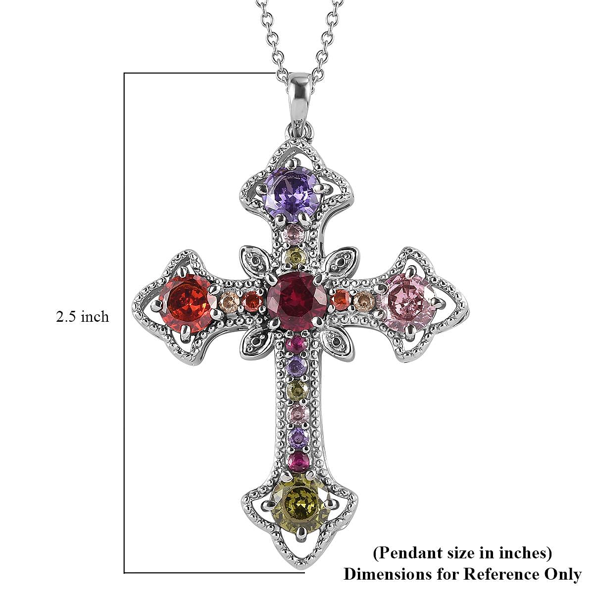 Simulated Multi Color Diamond Necklace in Stainless Steel, Cross Pendant 20 Inches