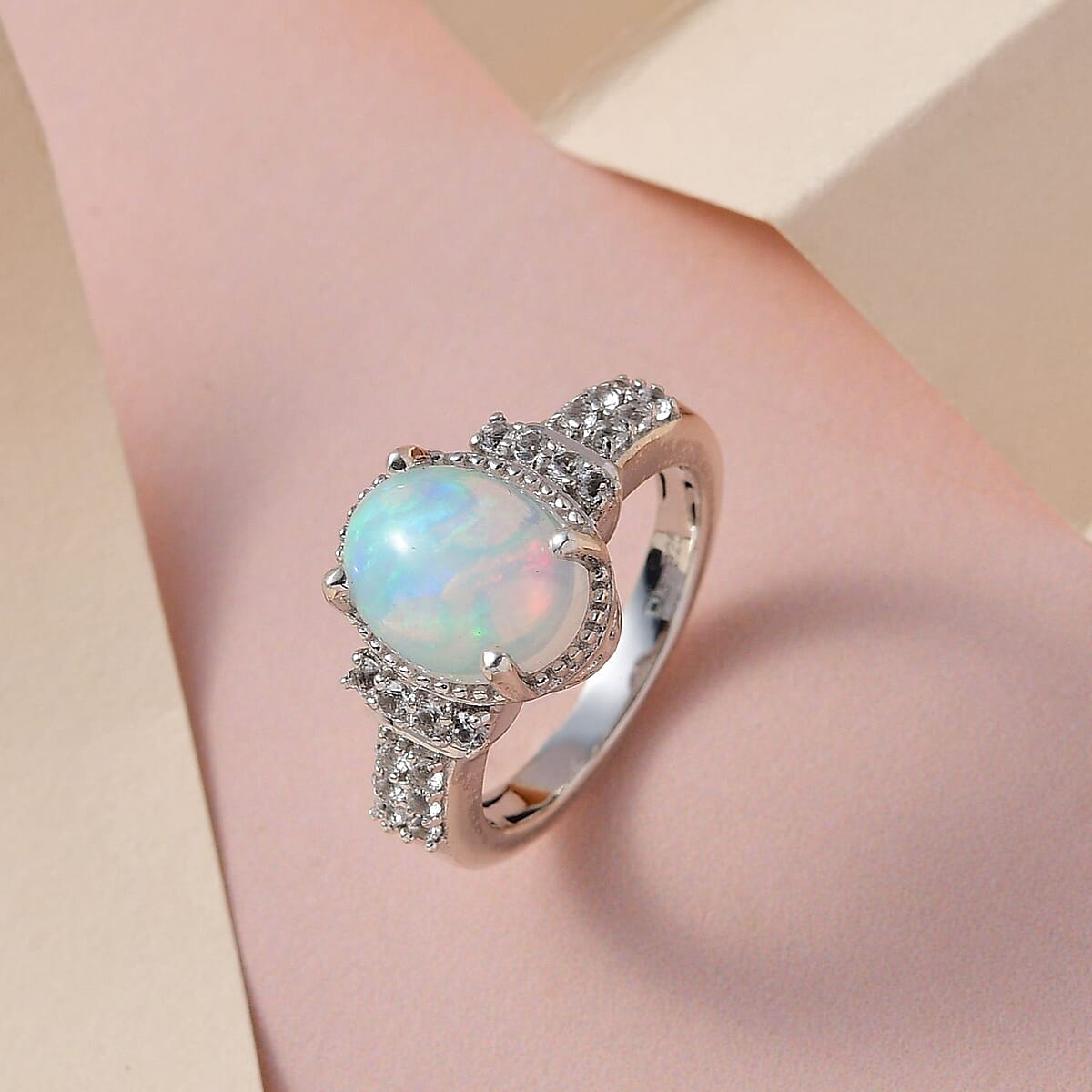 D'Joy Premium Ethiopian Welo Opal Ring with White Topaz in Platinum Over Sterling Silver, Anniversary Gifts For Her, Promise Rings 2.00 ctw image number 3