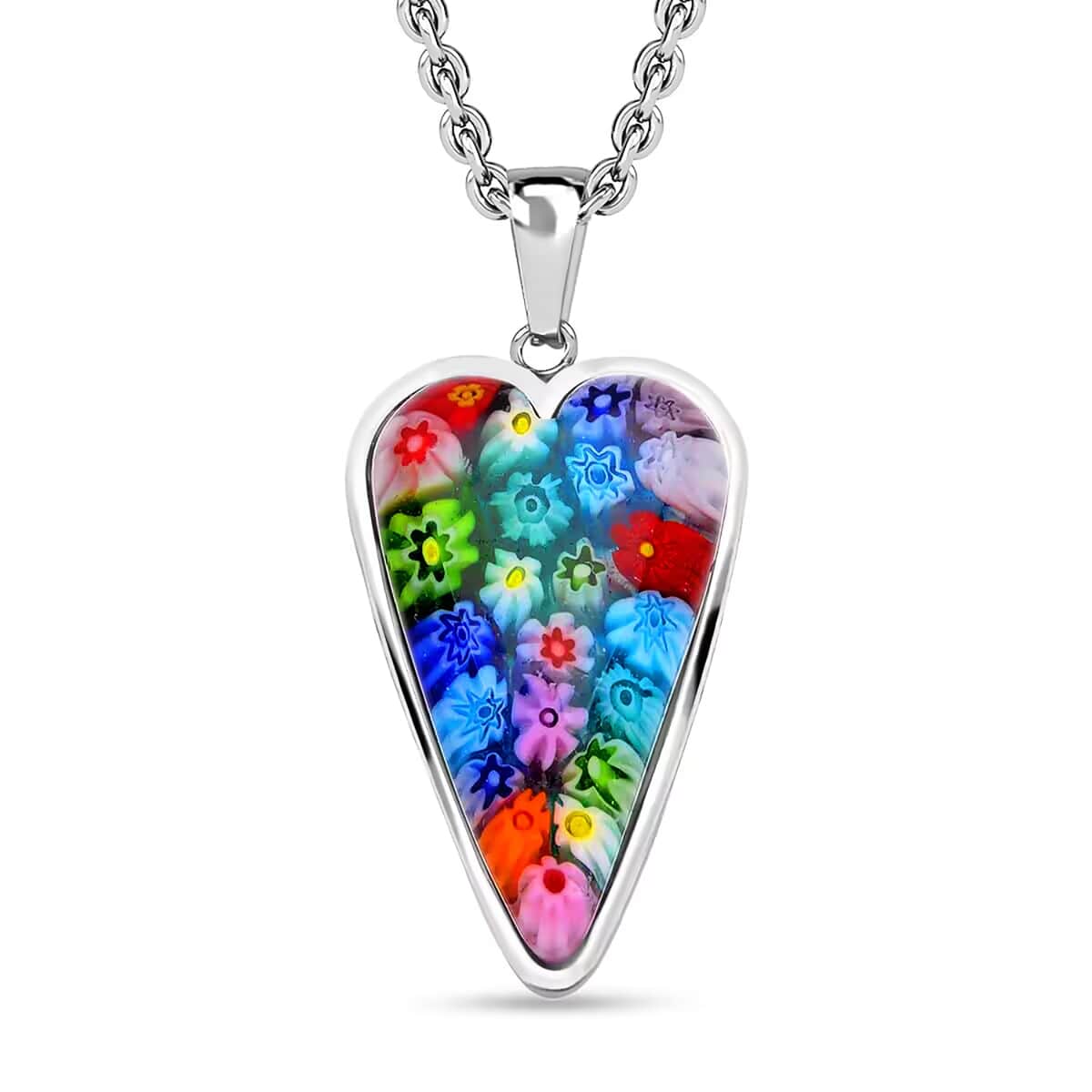 Multi Color Murano Style Heart Pendant Necklace in Stainless Steel 20 Inches image number 0