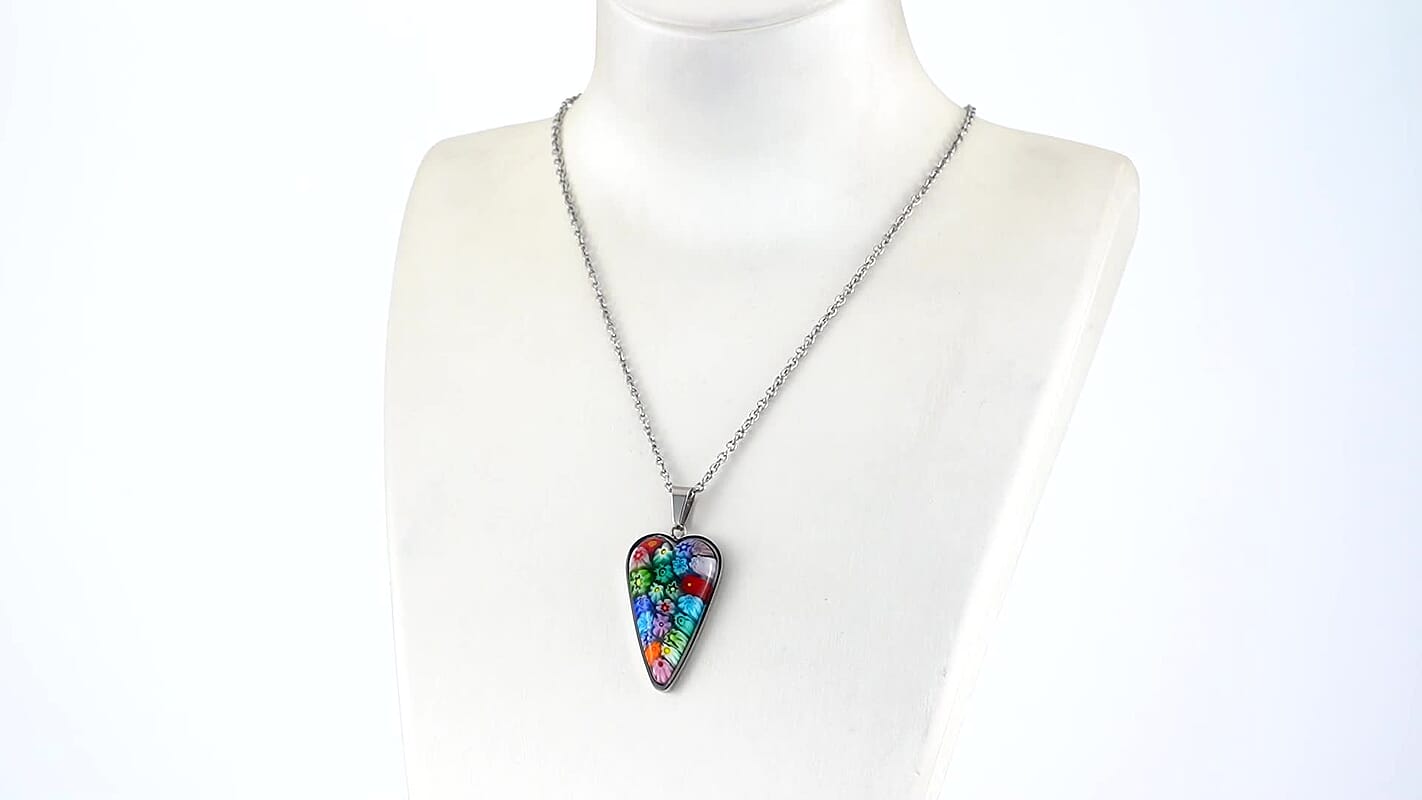 Murano Style and Enameled Heart Pendant Necklace 20 Inches in Stainless Steel