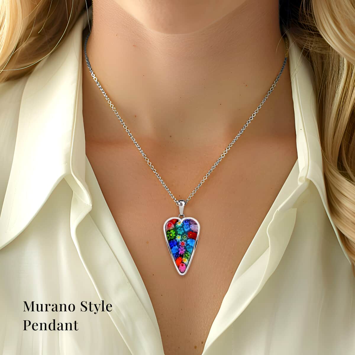 Multi Color Murano Style Heart Pendant Necklace in Stainless Steel 20 Inches image number 1