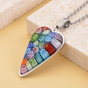 Multi Color Murano Style Heart Pendant Necklace in Stainless Steel 20 Inches