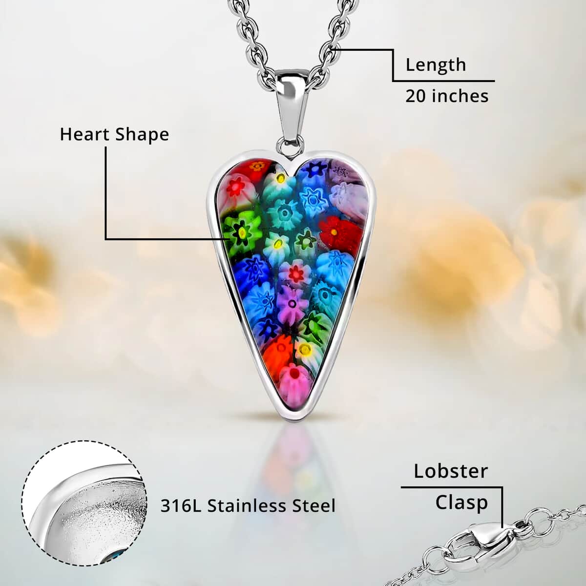 Multi Color Murano Style Heart Pendant Necklace in Stainless Steel 20 Inches image number 2