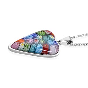 Multi Color Murano Style Heart Pendant Necklace in Stainless Steel 20 Inches