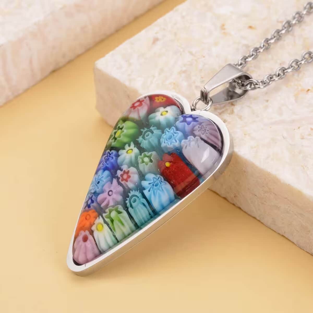 Multi Color Murano Style Heart Pendant Necklace in Stainless Steel 20 Inches image number 4