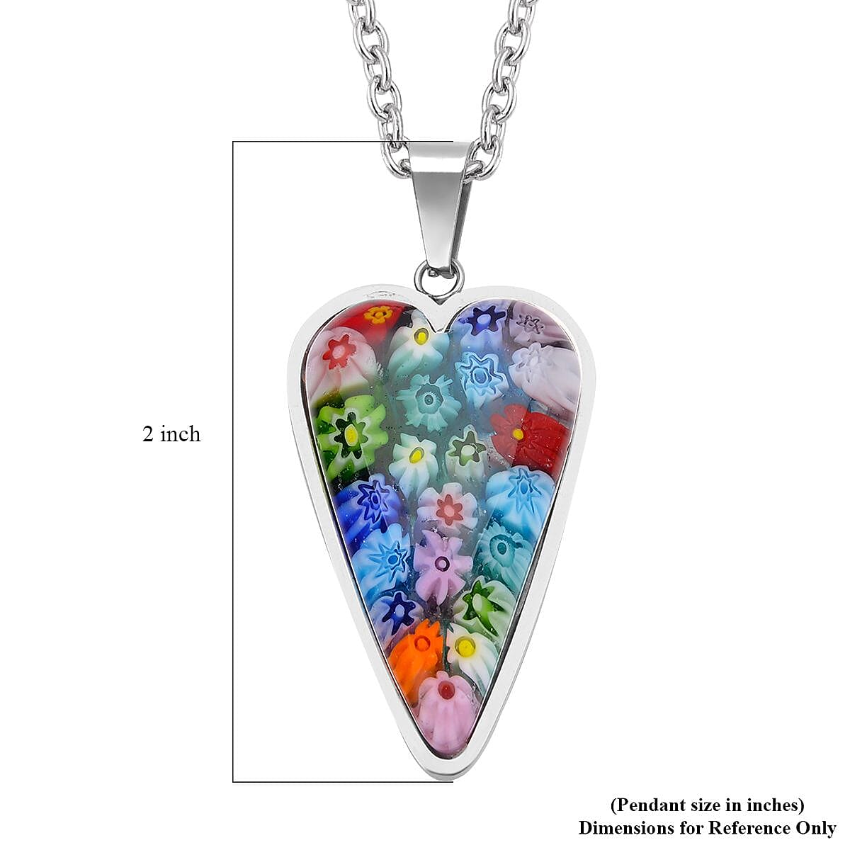 Multi Color Murano Style Heart Pendant Necklace in Stainless Steel 20 Inches