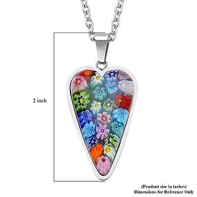 Multi Color Murano Style Heart Pendant Necklace in Stainless Steel 20 Inches
