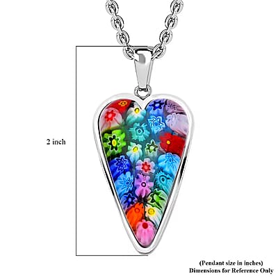 Multi Color Murano Style Heart Pendant Necklace in Stainless Steel 20 Inches
