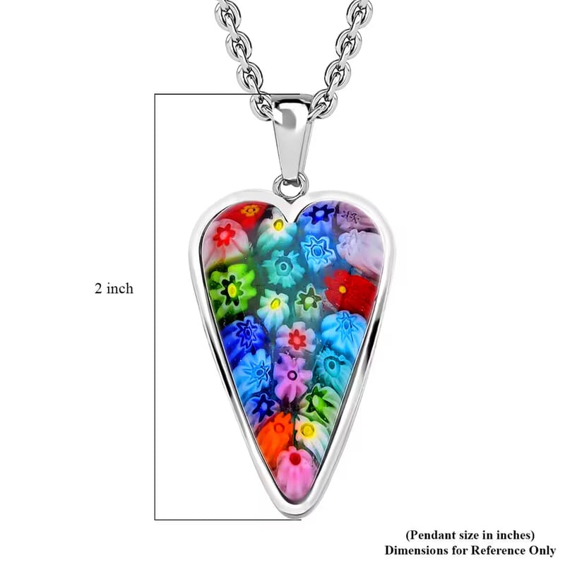 Multi Color Murano Style Heart Pendant Necklace in Stainless Steel 20 Inches