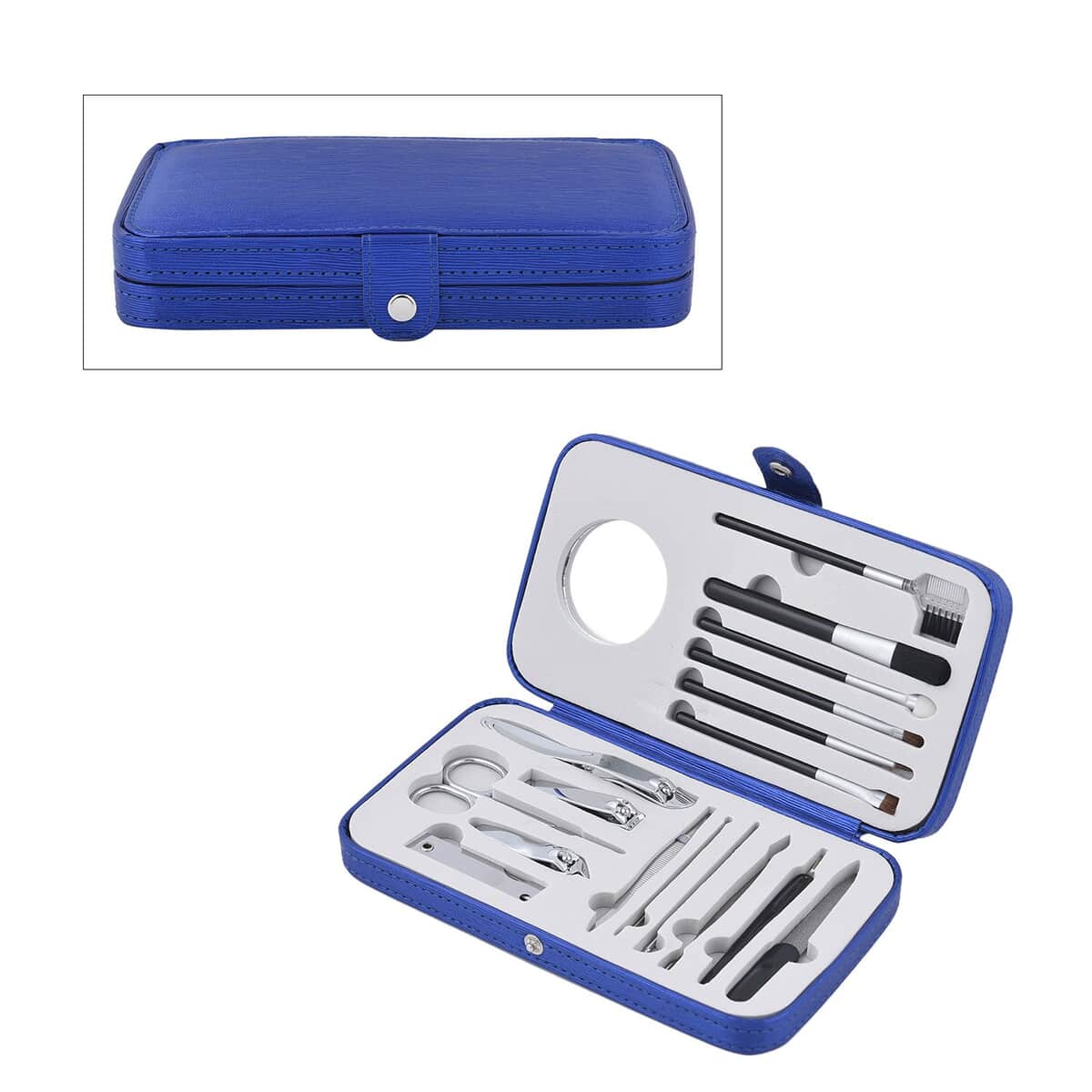 18 Pc Grooming and Cosmetic Makeup Kit in Blue Faux Leather Snap Case image number 0