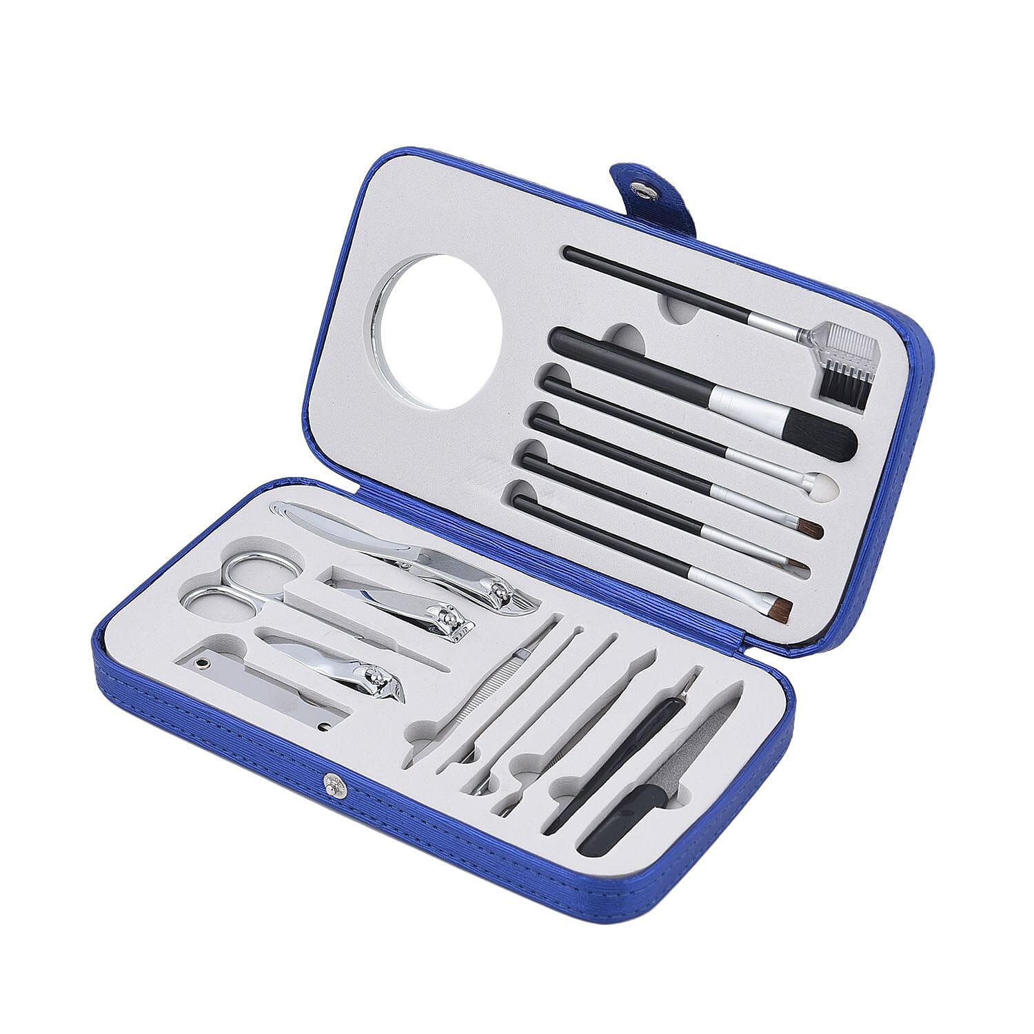 18 Pc Grooming and Cosmetic Makeup Kit in Blue Faux Leather Snap Case