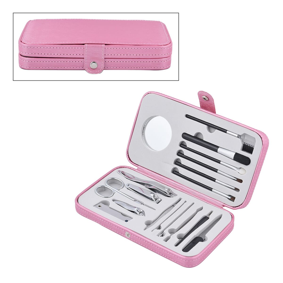 18 Pc Grooming and Cosmetic Makeup Kit in Pink Faux Leather Snap Case image number 0