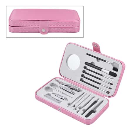 18 Pc Grooming and Cosmetic Makeup Kit in Pink Faux Leather Snap Case image number 0