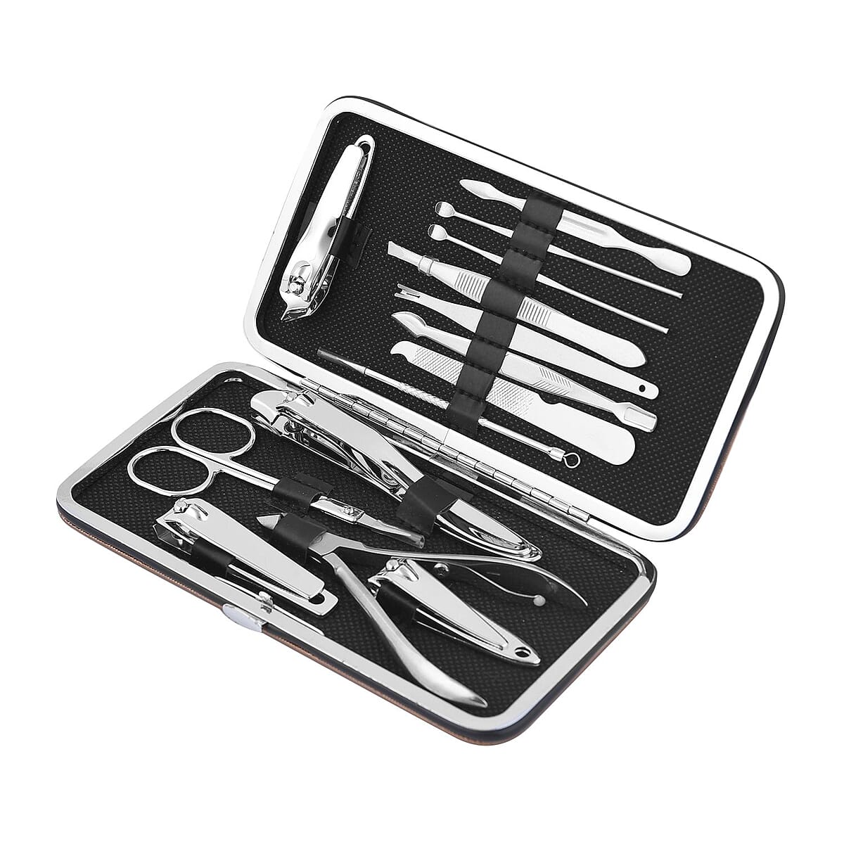Black Checks Pattern Faux Leather Case & Stainless Steel Travel Grooming Kit 14 Piece Set (5.9x3.5x1 in) image number 4