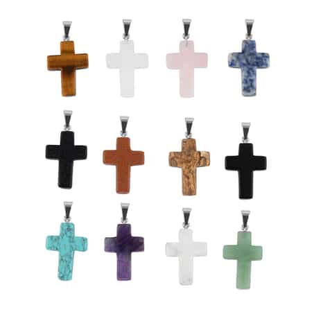 Set of 12 Multi Gemstone Cross Pendants Necklace 20 Inches in Stainless Steel with Gift Box 195 ctw image number 0