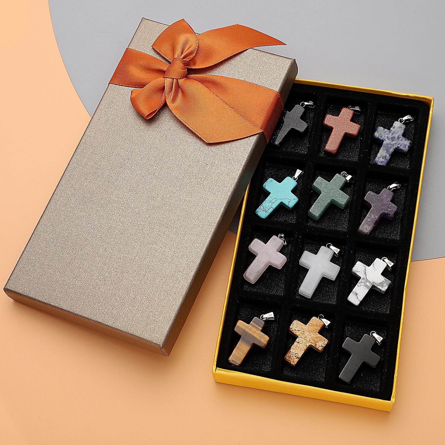 Set of 12 Multi Gemstone 195.00 ctw Cross Pendant Necklace 20 Inches in Stainless Steel with Gift Box